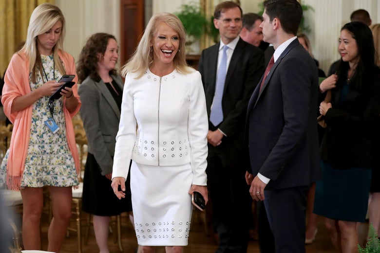 Counselor to the president Kellyanne Conway leaves the East Room after President Donald Trump announced Judge Brett M. Kavanaugh as his nominee to the United States Supreme Court at the White House July 9, 2018 in Washington, D.C.